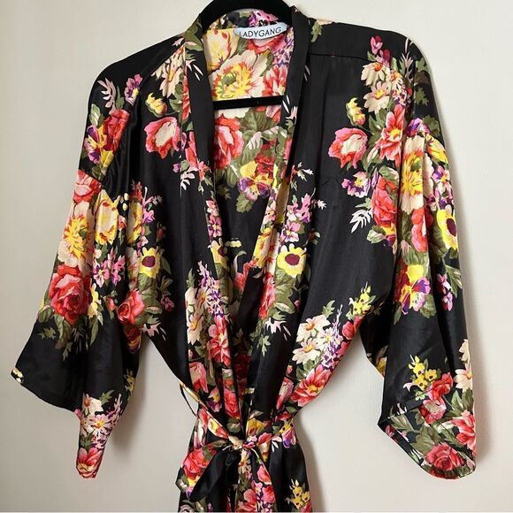 Ladygang Robe Floral Print Black Sleepwear Casual Neutral Adjustable one size - Picture 2 of 11